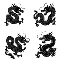 Obraz premium Black and white heraldic dragon set vector illustration with medieval fantasy animal silhouette design for festival concept