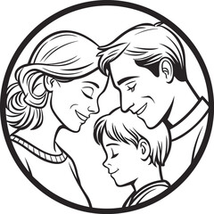 Heartwarming Black and White Family Illustration Depicting Parents and Child in Loving Embrace