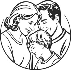 Loving Family Embrace Black and White Line Art Illustration for Heartwarming Moments