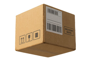 Cardboard shipping box with barcode and delivery note isolated on transparent background