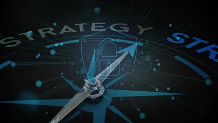 Emerging blue particles swirling compass needle while pivoting to glowing STRATEGY padlock shield - Powered by Adobe