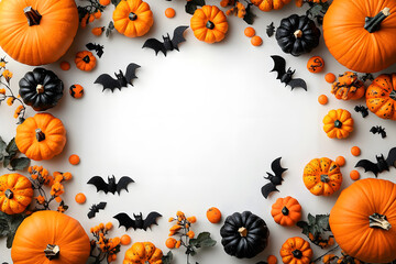 Halloween mockup with a blank greeting card, pumpkins, bats, and candy on white background.
