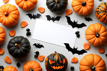 Halloween mockup with a blank greeting card, pumpkins, bats, and candy on white background.