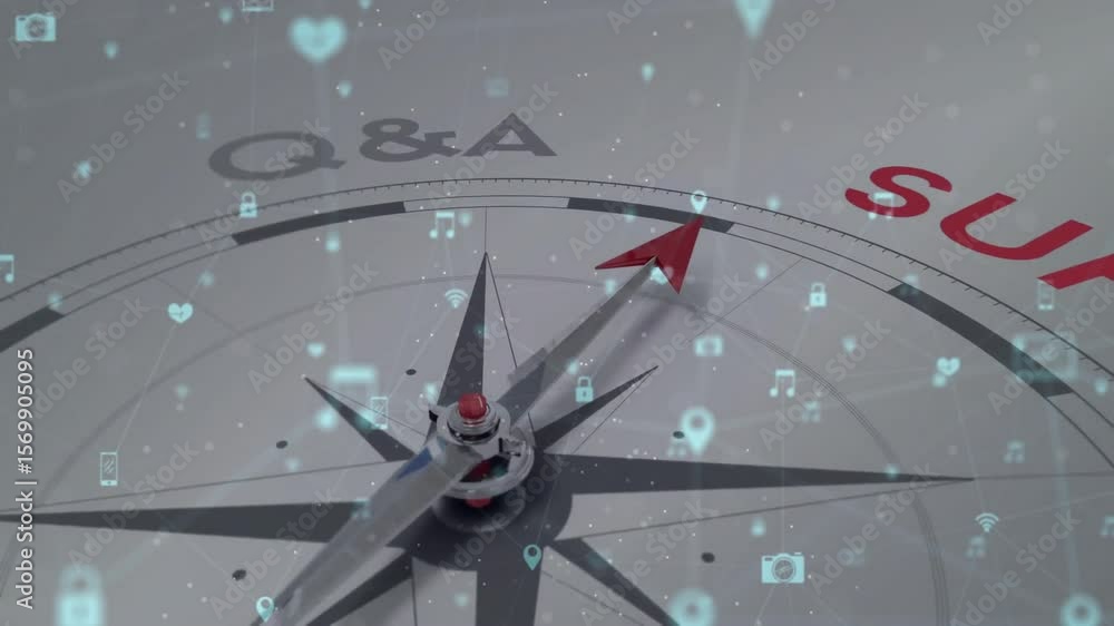 Aufkleber holographic icons fading into network as 3d compass needle rotating clockwise marking support label