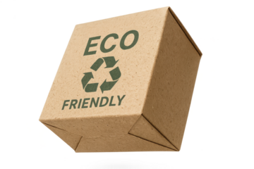 Eco-friendly cardboard box with recycling symbol isolated on transparent background