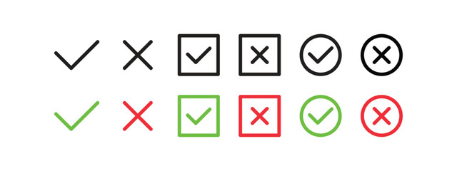 collection of check mark and cross icon in various shapes and colors.