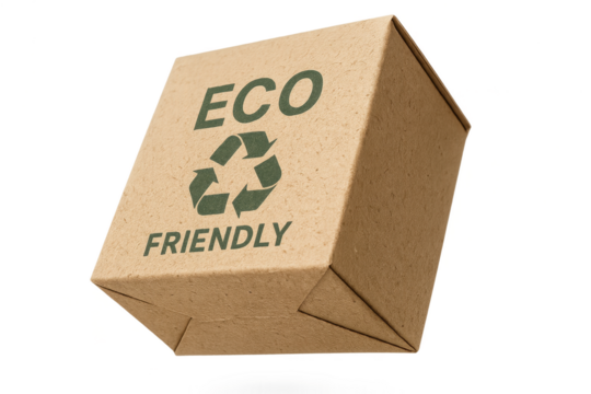 Eco-friendly cardboard box with recycling symbol isolated on transparent background