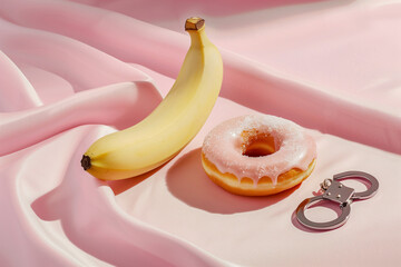 Banana, donut and handcuffs arranged on pink background, dark romance book girls concept