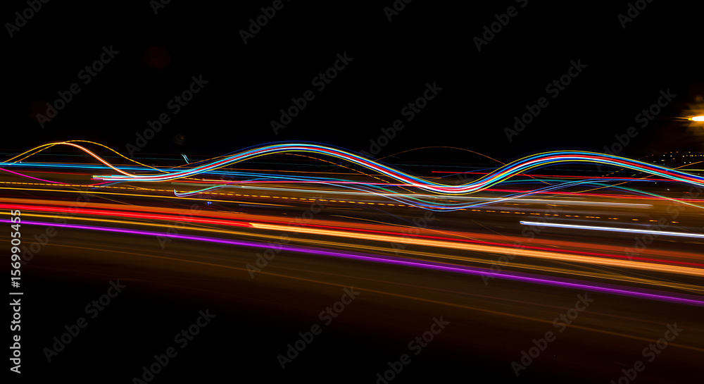 Poster abstract colorful light trails from traffic at night, creating a sense of speed and motion. a long-e