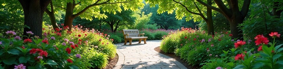 Tranquil Garden Pathway Winding Stone Path, Lush Greenery, Vibrant Flowers, Sunny Summer Retreat