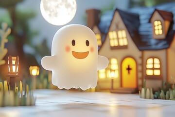 Cute 3d ghost floating near a cozy halloween house at night