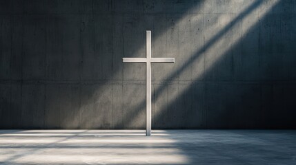 Naklejka premium Weathered cross bathed in radiant light, standing against raw concrete backdrop, moody contrast of light and shadow, serene ambiance