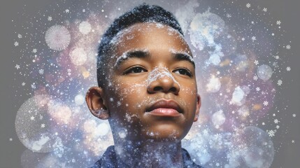 Dreamy Portrait of a Young Person with Frosted Skin Against a Cosmic Winter Background