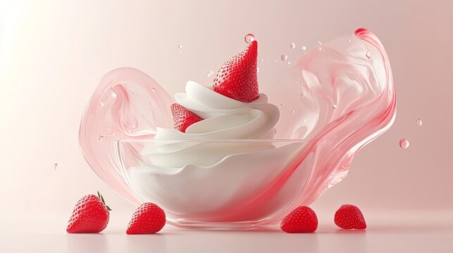 A bowl of strawberry ice cream with a strawberry on top. The bowl is on a table with a pink background - Powered by Adobe