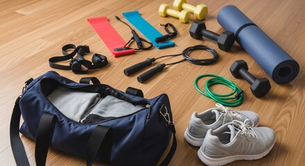 Gym bag open with fitness equipment: dumbbells, resistance bands, jump rope, yoga mat, and sneakers on a wooden floor.