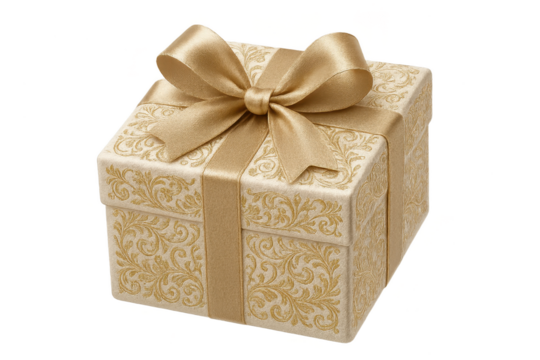 Elegant gold patterned gift box with bow isolated on transparent background.