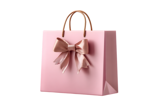 Pastel cute Gift bag, luxury shopping bags with pink satin ribbon bow. isolated on transparent background with clipping path. Christmas gift. Mother's Day present, Valentines Day.