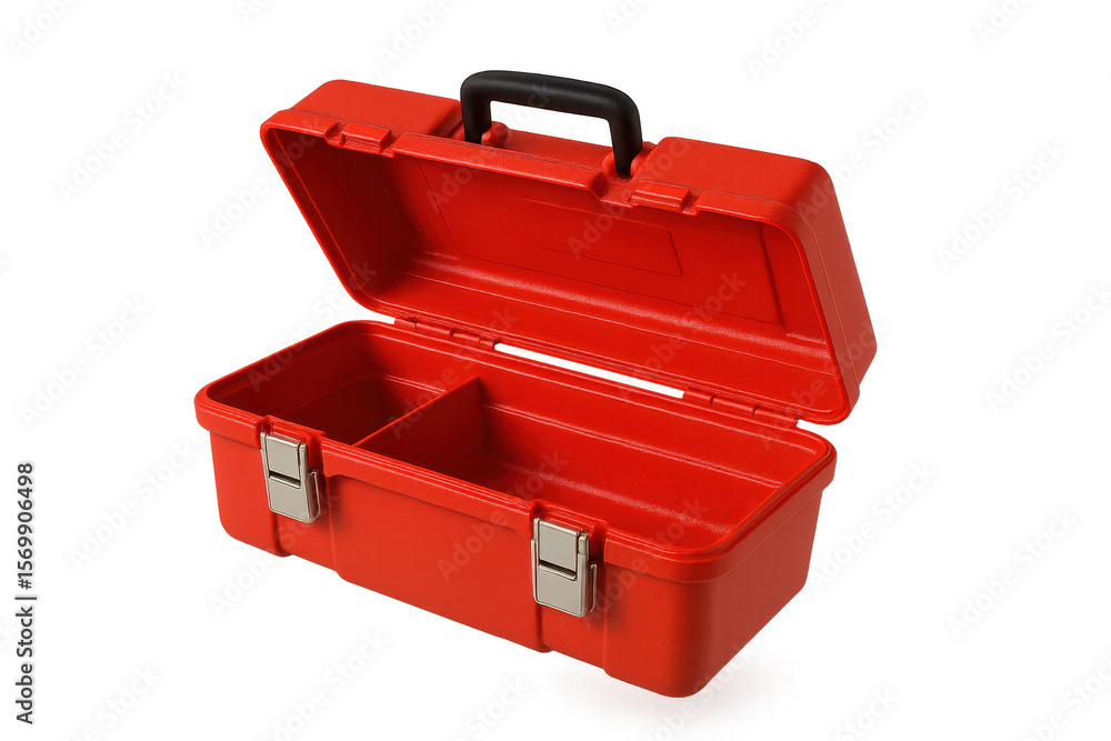 Poster red plastic open toolbox isolated on a transparent background, empty.