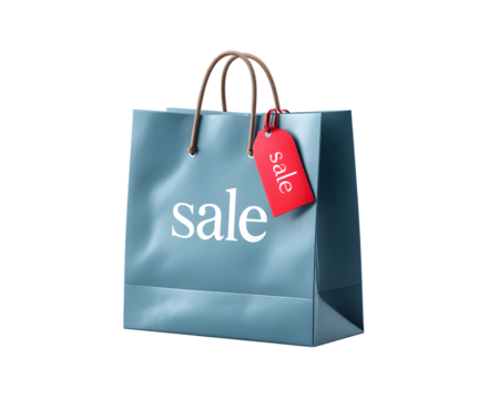 Blue Gift bag, luxury shopping bags with sale tag. isolated on transparent background with clipping path. for product presentation, retail discount, marketing concept.