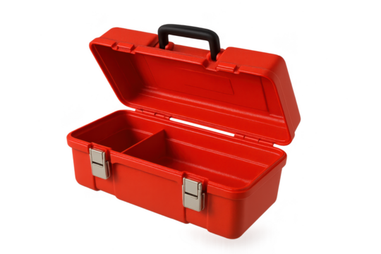 Red plastic open toolbox isolated on a transparent background, empty.