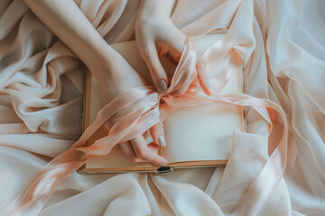 Delicate hands tied with silk ribbon on open book – romantic aesthetic, romantasy concept