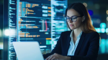 Focused female programmer working late on laptop digital code background