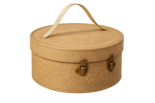 Elegant round hat box with floral pattern, isolated on transparent background. - Powered by Adobe