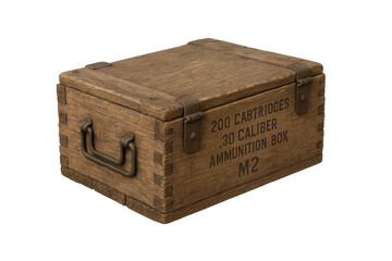 Vintage wooden ammunition box M2 isolated on transparent background, military