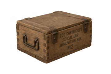 Vintage wooden ammunition box M2 isolated on transparent background, military