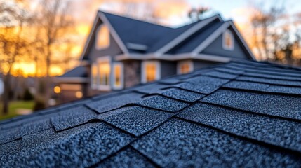Closeup of a dark gray shingle roof at sunset