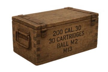 Vintage wooden ammo box for .30 caliber cartridges isolated on transparent background