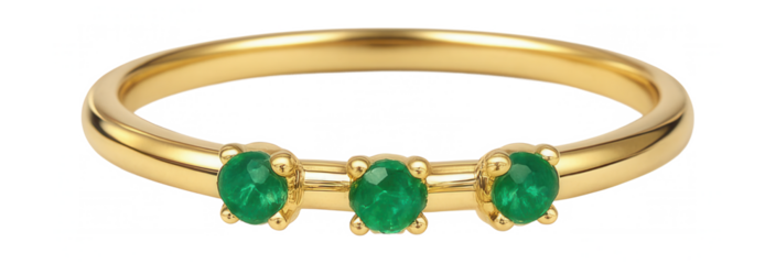 Thin gold band with three small, spaced-out emeralds