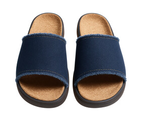 Denim open-toe slippers with frayed edges and cork footbed