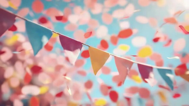Bright festive celebration with colorful triangular banners and soft confetti falling, event