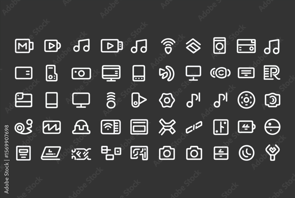 Fototapete collection of white line art icons representing technology media and abstract shapes on dark backgro