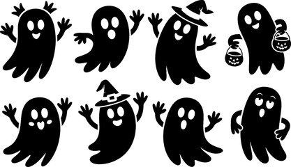 Cute Halloween Ghost Silhouettes Set | Cartoon Black and White Vector Characters