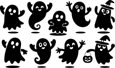 Cute Halloween Ghost Silhouettes Set | Cartoon Black and White Vector Characters