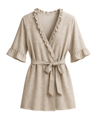 Short wrap robe in printed jersey with ruffle trim