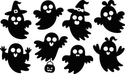 Cute Halloween Ghost Silhouettes Set | Cartoon Black and White Vector Characters