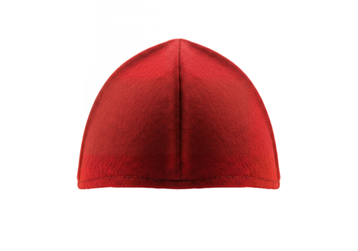 Red zucchetto hat with central seam on a black background
