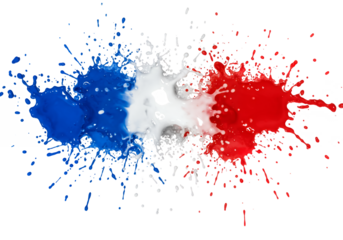Paint splatters in blue white and red form the French flag on a black background