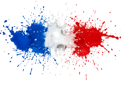 Paint splatters in blue white and red form the French flag on a black background