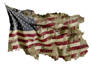 Old Weathered American Flag with Torn Edges and Vintage Cotton Texture Isolated to Transparent Background