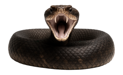 Cottonmouth snake with dark, thick body and distinctive white mouth lining