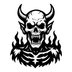 Black and white demon, has horns and flames around shoulders. Vector isolated background.