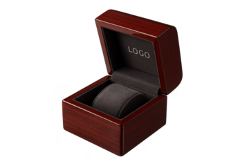 Open wooden watch box, plush interior isolated on transparent background.