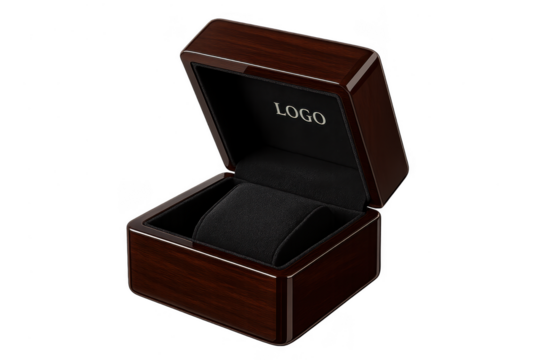 Luxurious open empty wooden watch box on transparent background, elegant