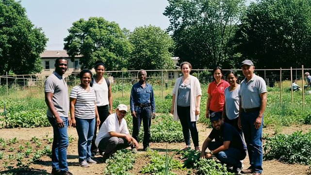 Diverse group of people in community garden. Multicultural volunteers working together in urban agriculture project. Sustainable food production and social inclusion concept. - Powered by Adobe