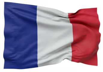 A waving French flag with blue white and red vertical stripes against a black background