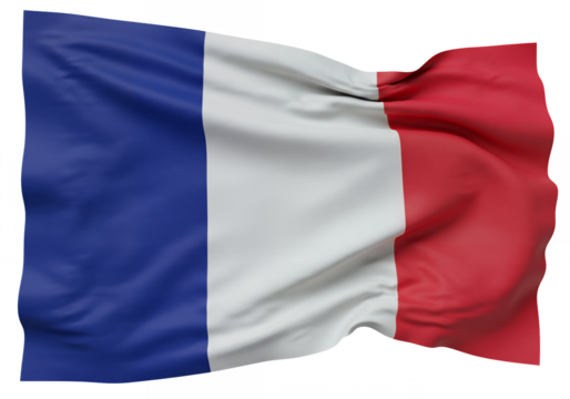A waving French flag with blue white and red vertical stripes against a black background